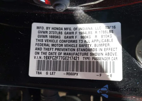 2016 Honda Civic Ex z USA, uszkodzony, nr VIN 19XFC2F77GE217421